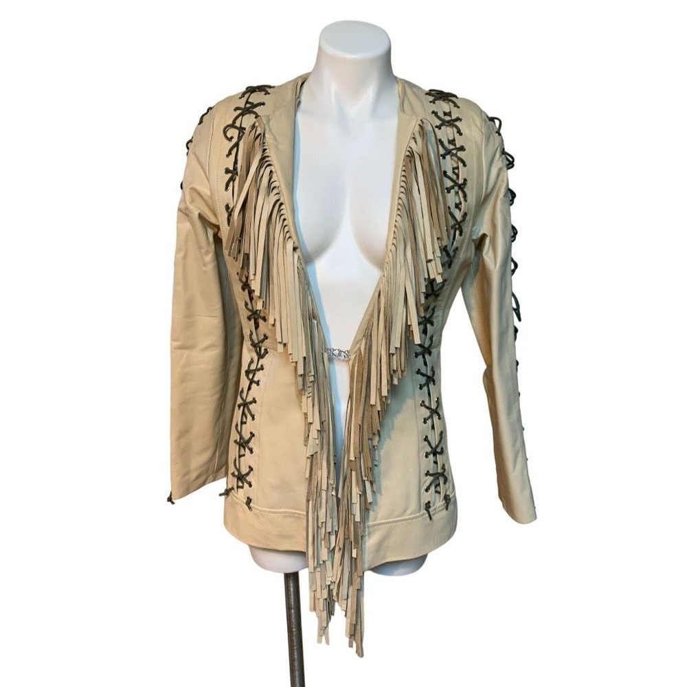 Vintage 90s Lew Magram Leather Fringe Jacket Lace Accents Small